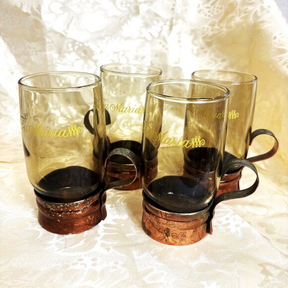 VTG Tia Maria Aperitif Smoked Glass Copper Color Metal Base w/ Handle Set of 4 - Picture 2 of 15